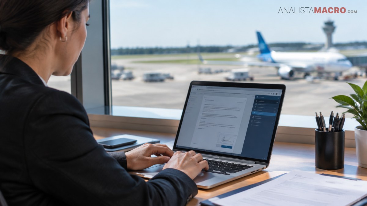 Persona sentada frente a una ventana trabaja con una computadora portátil, mientras se observan aviones y vehículos en una pista.