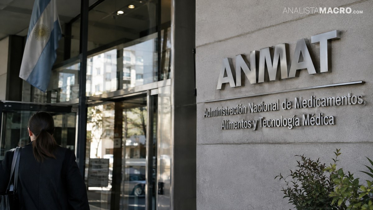 Entrada de un edificio con un cartel que identifica a la Administración Nacional de Medicamentos, Alimentos y Tecnología Médica.