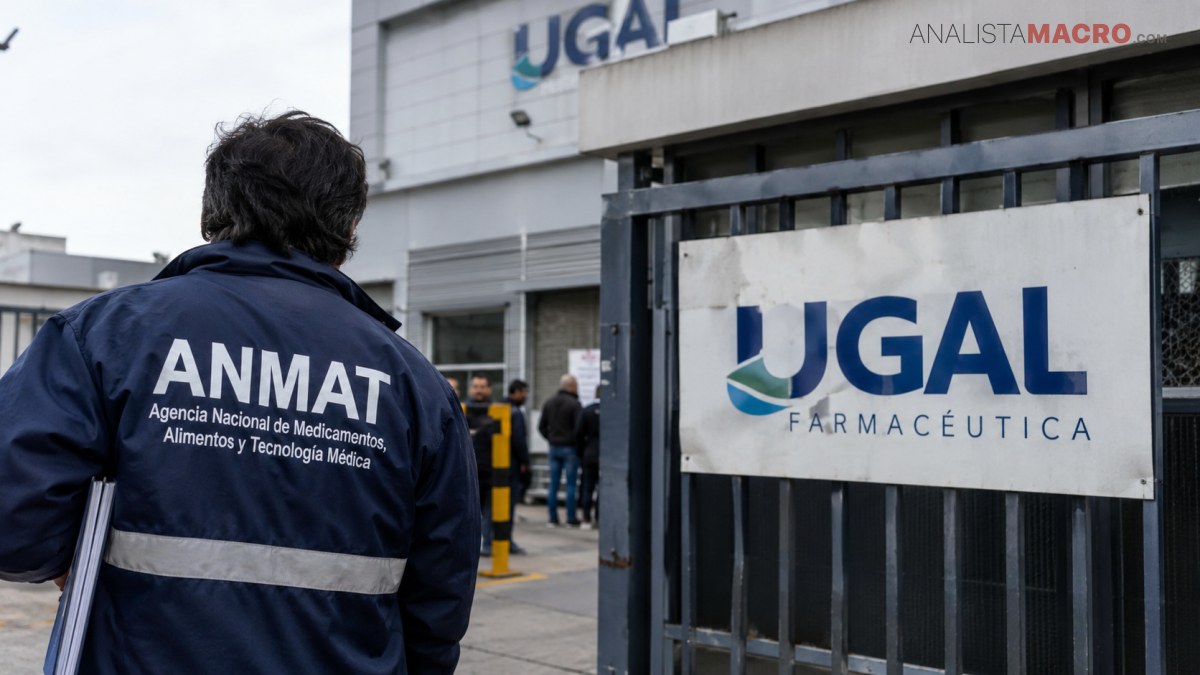 Persona con chaqueta de ANMAT frente a la entrada de JGAI Farmacéutica.