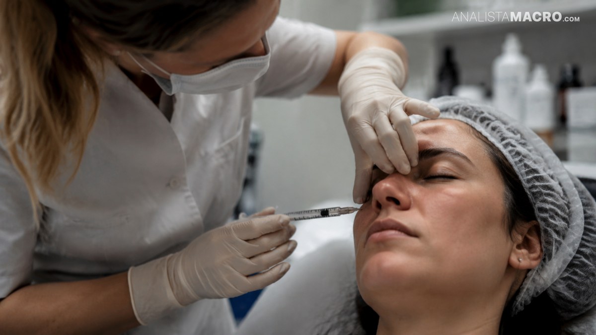 Profesional con mascarilla y guantes aplica una inyección en el rostro de una mujer recostada, que lleva una gorra desechable.