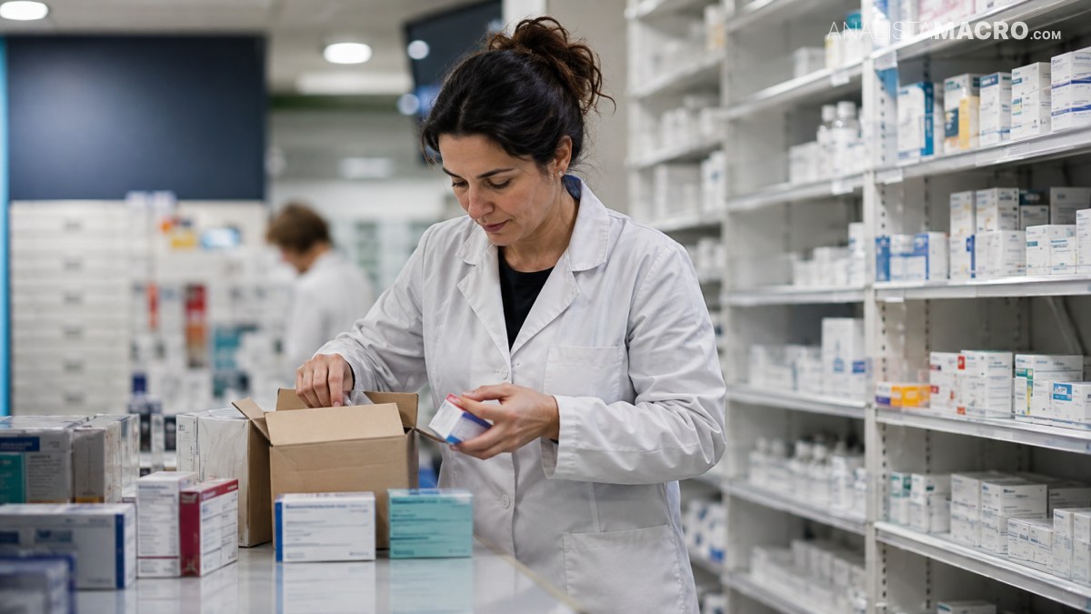Mujer con bata blanca revisa una caja de medicamentos frente a estanterías llenas de productos farmacéuticos.