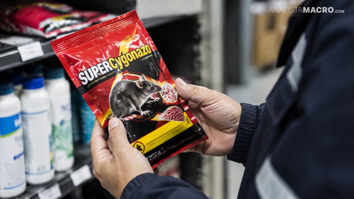 Persona sostiene un paquete rojo de cebo para roedores con la imagen de una rata, frente a estantes de productos.