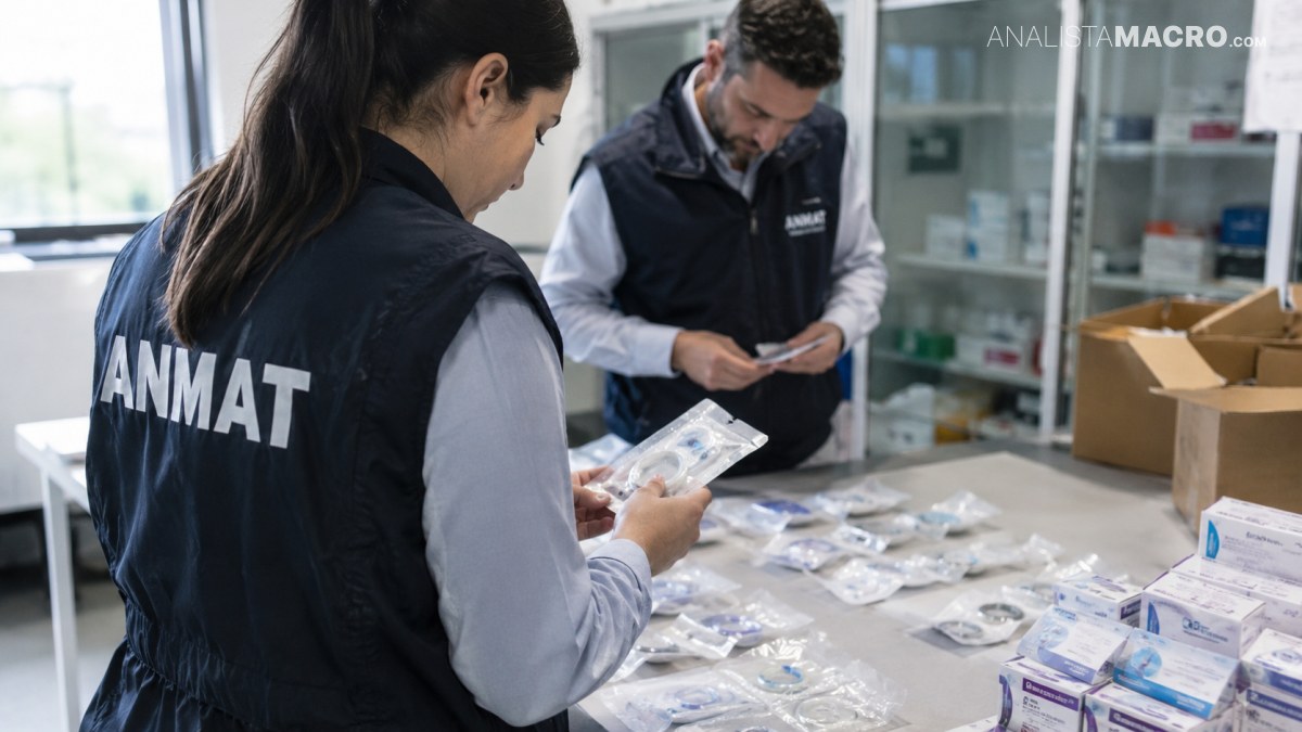 Dos personas con chalecos de ANMAT revisan productos médicos empaquetados sobre una mesa dentro de un espacio de almacenamiento.