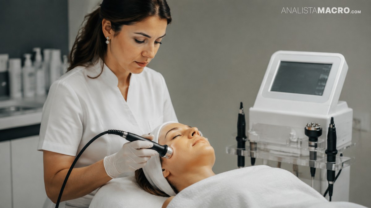 Profesional con uniforme blanco aplica un tratamiento facial con dispositivo a una mujer recostada, en una sala clínica.