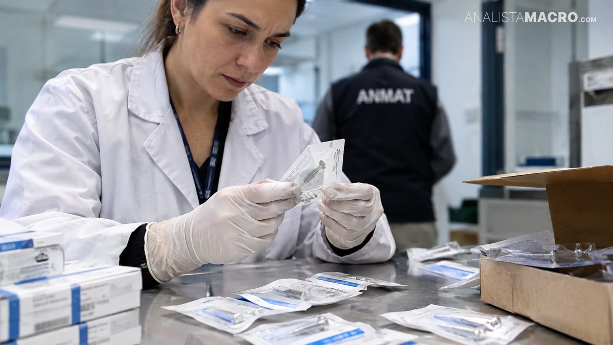 Una mujer con bata blanca sostiene y examina un sobre mientras usa guantes en una mesa con paquetes.