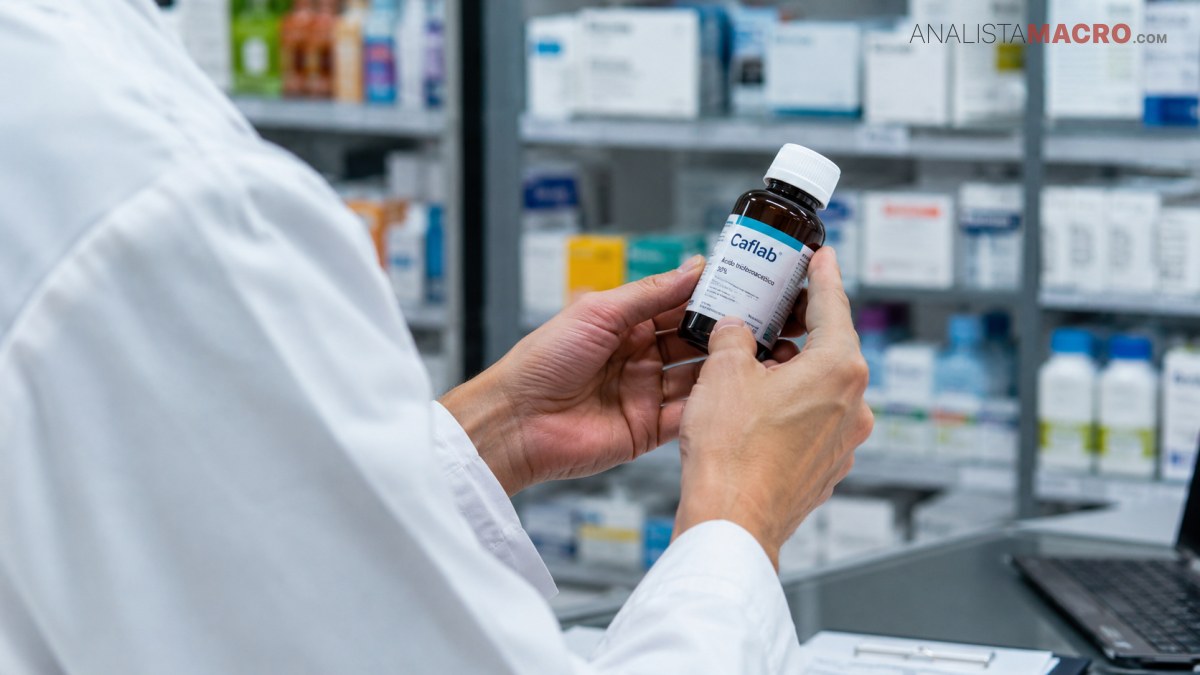 Persona con bata blanca sostiene un frasco de medicamento frente a estantes con productos farmacéuticos y una computadora portátil.