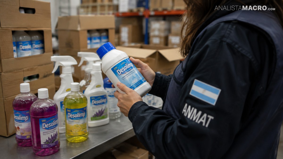 Persona con uniforme sostiene un envase de limpiador, rodeada de varios productos de limpieza y cajas en un almacén.