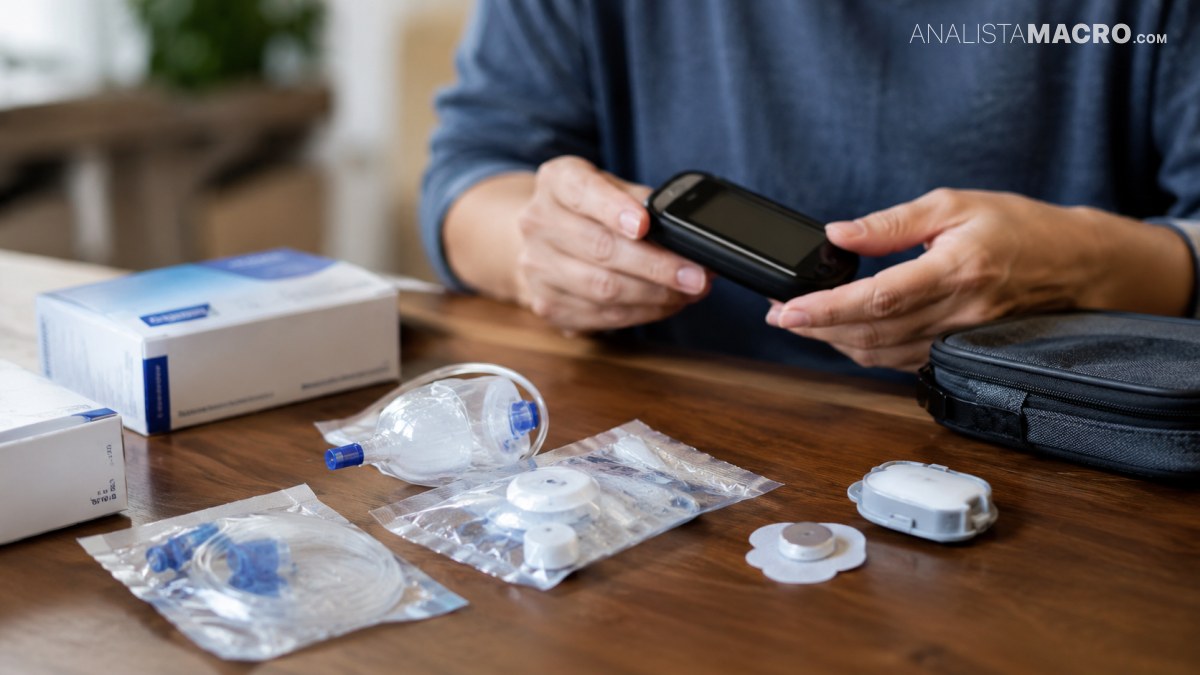 Persona sostiene un teléfono junto a varios dispositivos médicos empaquetados y un estuche negro sobre una mesa de madera.