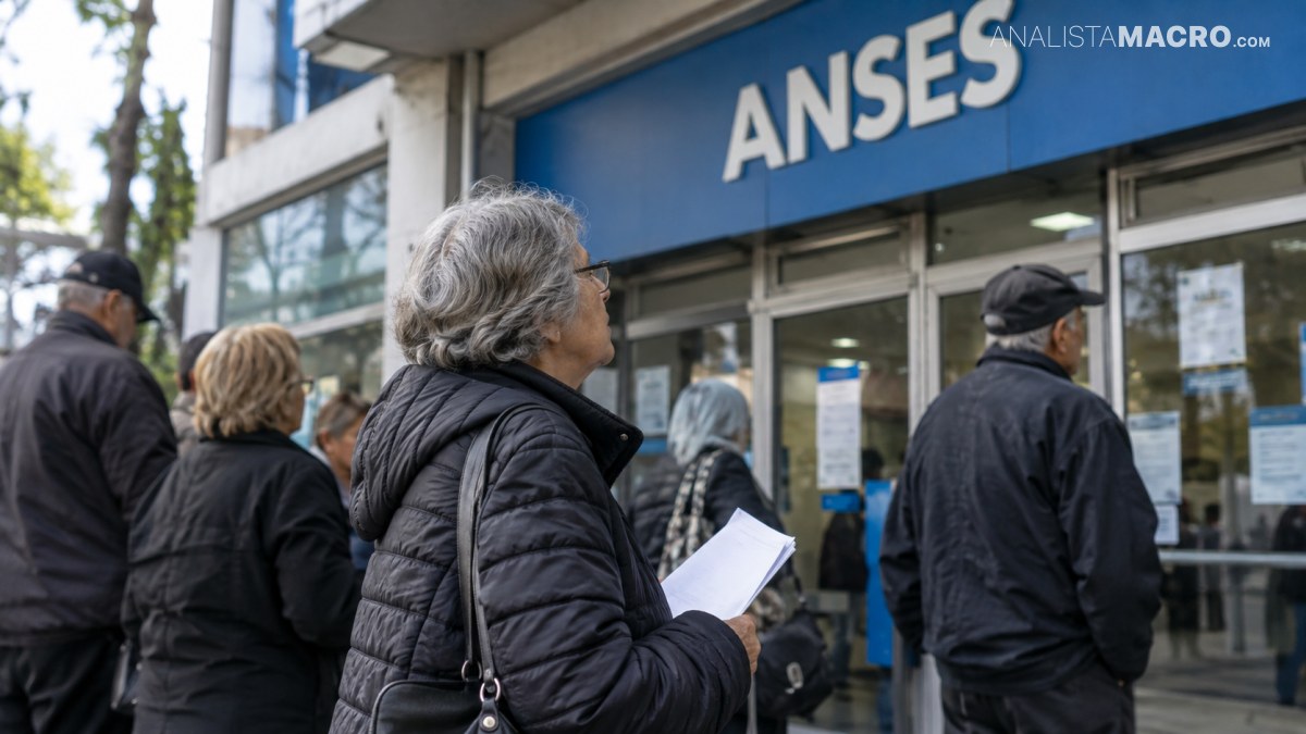 Varias personas hacen fila frente a un edificio con el letrero “ANSES”, mientras una mujer sostiene papeles.