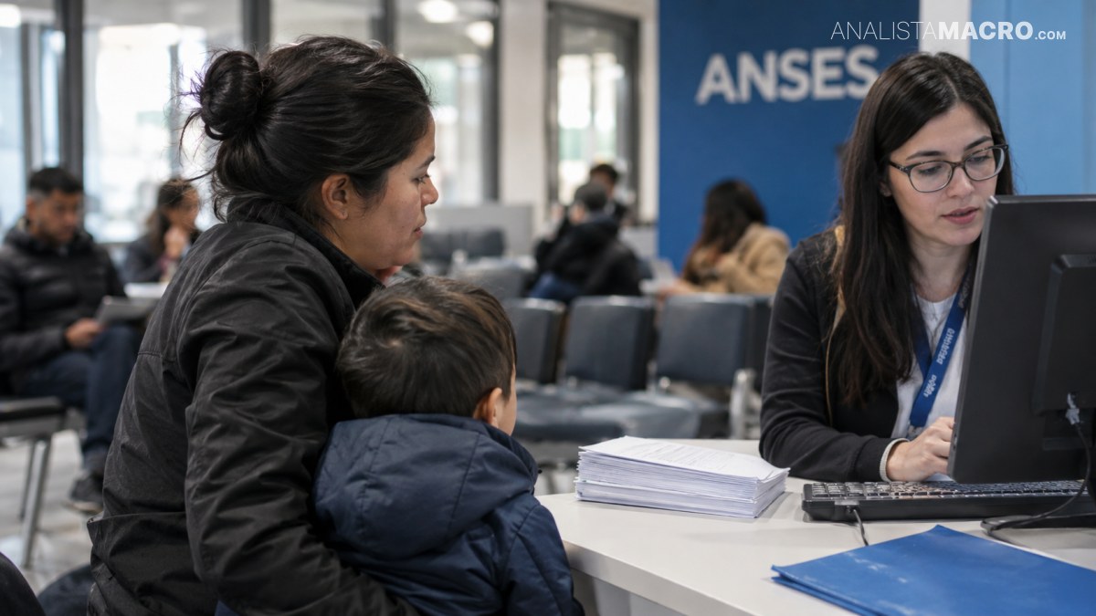 Una mujer y un niño conversan con una empleada frente a una computadora, en una oficina con personas esperando.