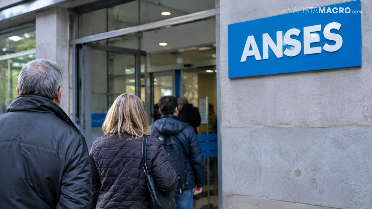 Varias personas ingresan a un edificio mientras un cartel azul con las siglas “ANSES” aparece en la fachada.