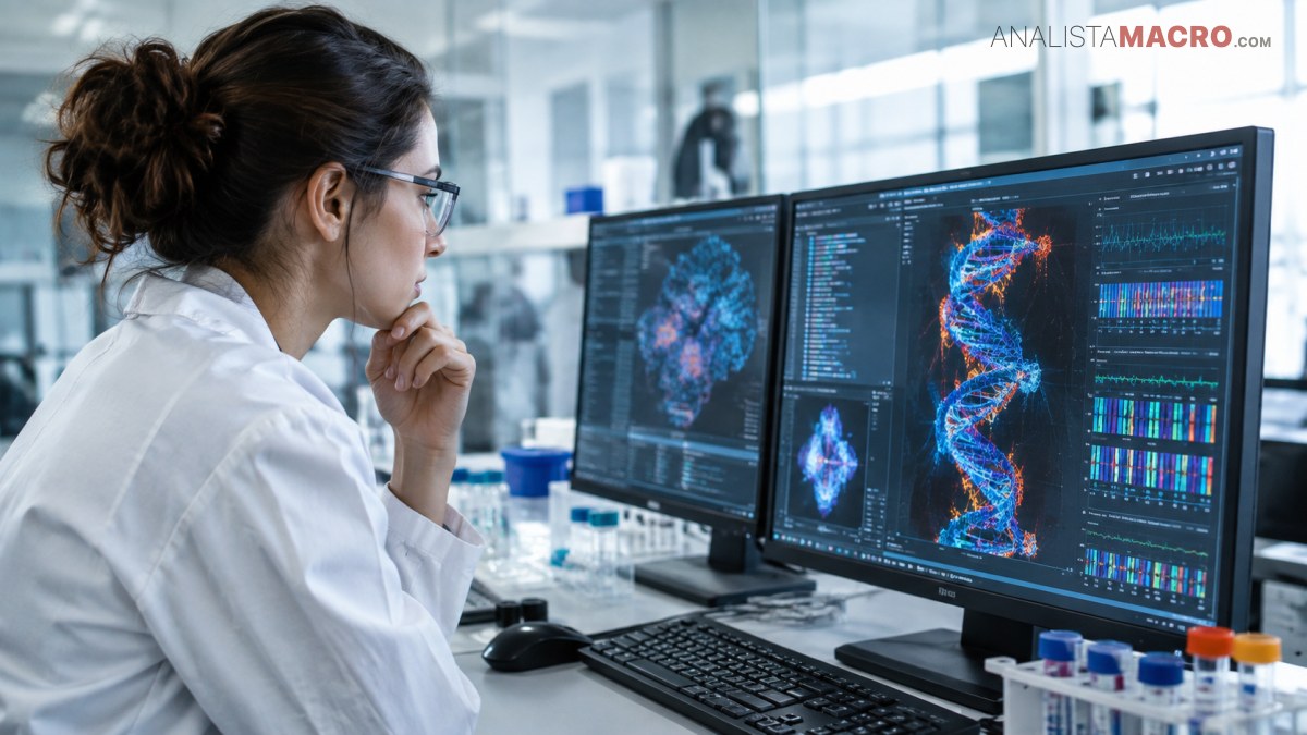 Mujer con bata blanca observa gráficos científicos y secuencias de datos en dos monitores dentro de un laboratorio.