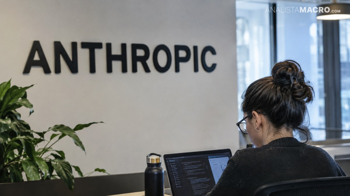 Una persona con gafas trabaja frente a un portátil bajo un letrero que dice «ANTHROPIC», junto a una planta.