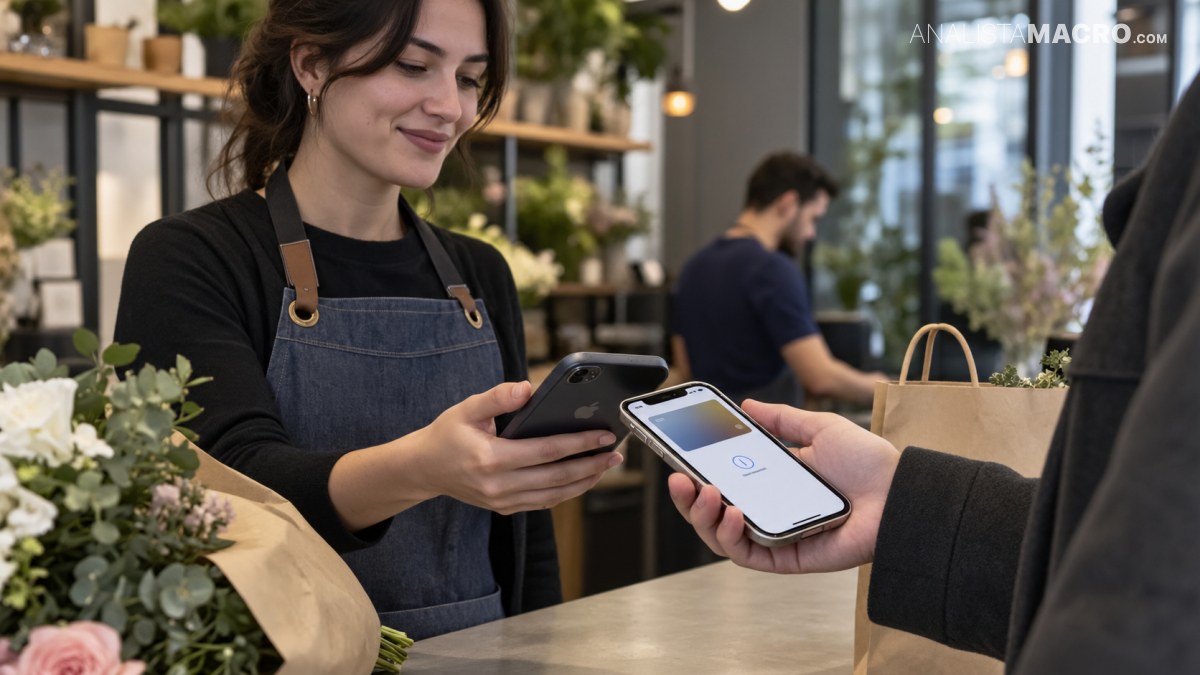 Una empleada de cafetería sostiene un teléfono mientras otra persona acerca el suyo sobre el mostrador.