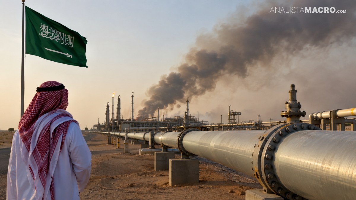 Persona con vestimenta tradicional observa una instalación industrial con grandes tuberías, humo denso y una bandera verde ondeando.