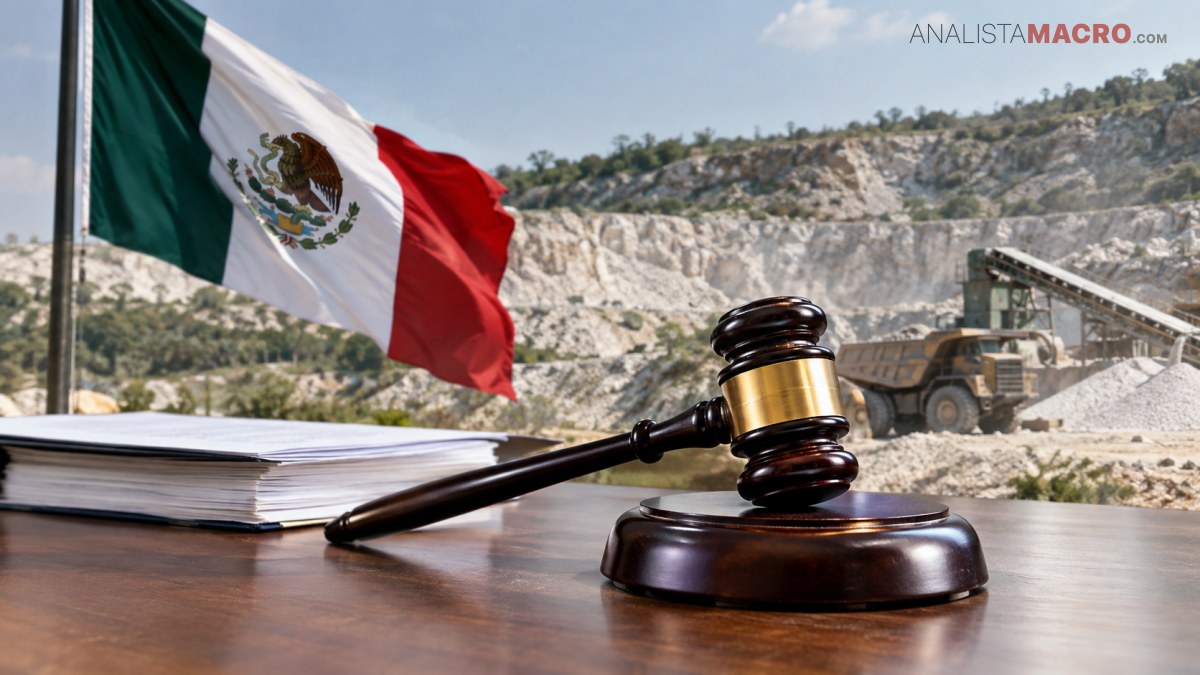 Martillo de juez sobre una mesa junto a documentos, con una bandera mexicana y maquinaria minera al fondo.