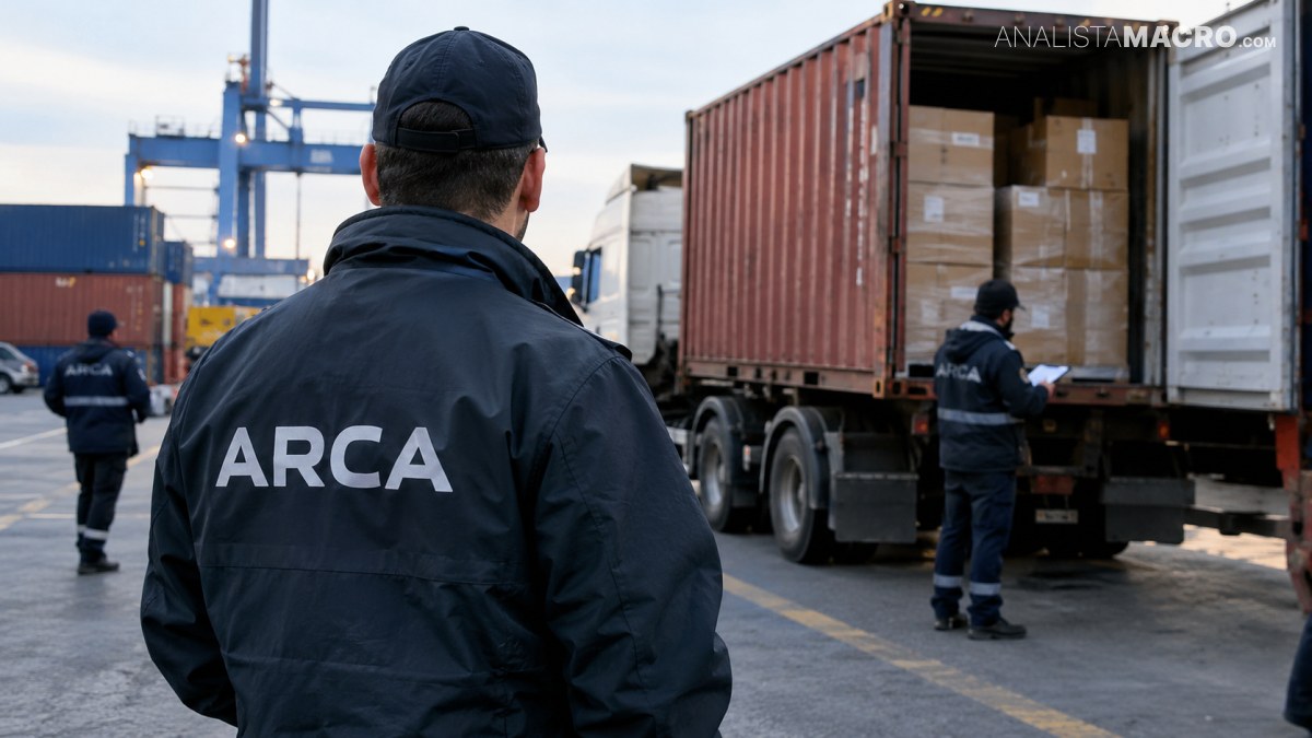 Tres trabajadores con uniformes oscuros revisan un contenedor de carga abierto, mientras otros vehículos y grúas aparecen al fondo.