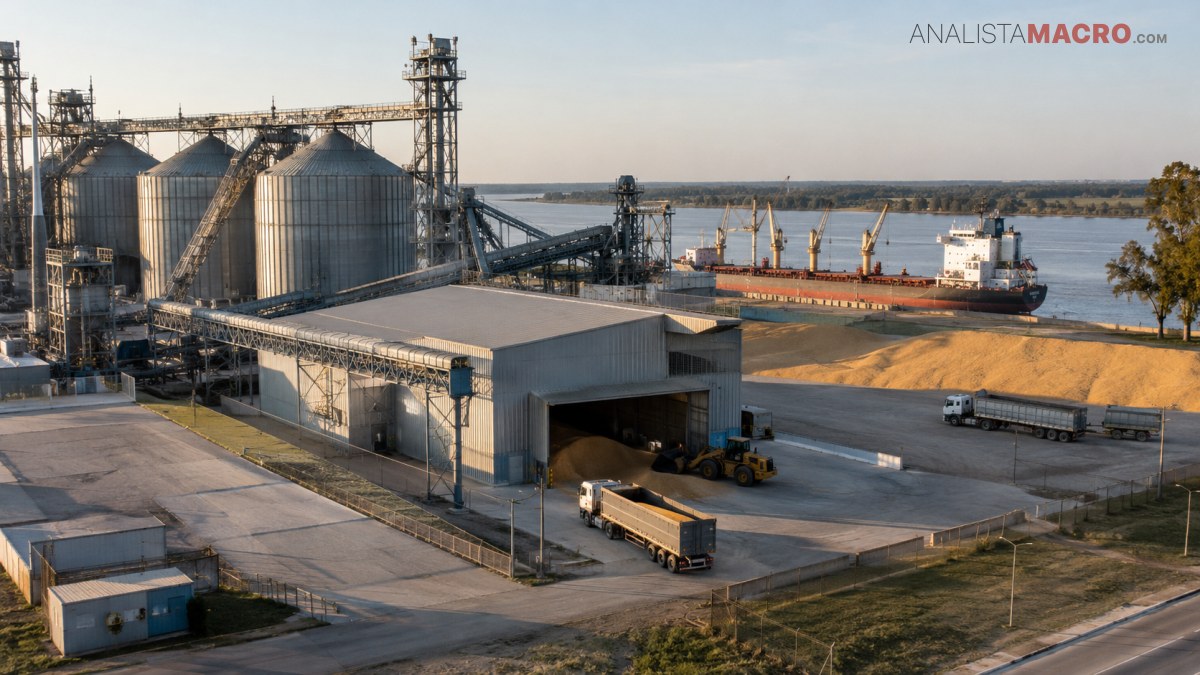 Instalación industrial con silos, cintas transportadoras, camiones y un barco junto a un cuerpo de agua.