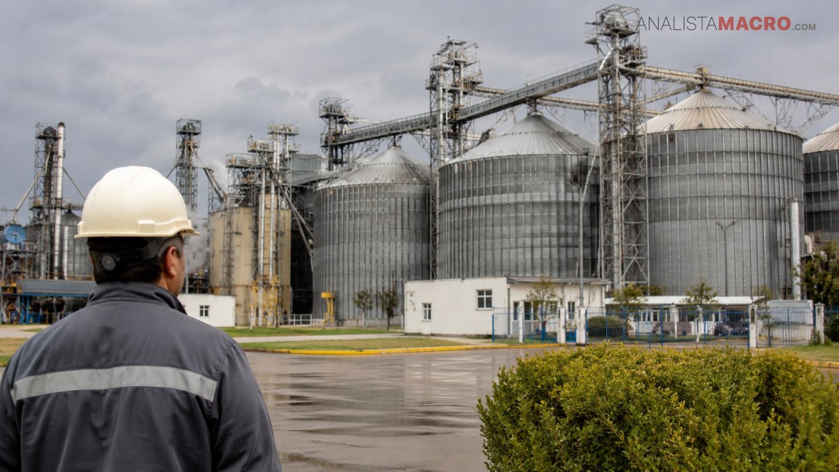 Trabajador con casco observa grandes silos metálicos y estructuras industriales desde el exterior.