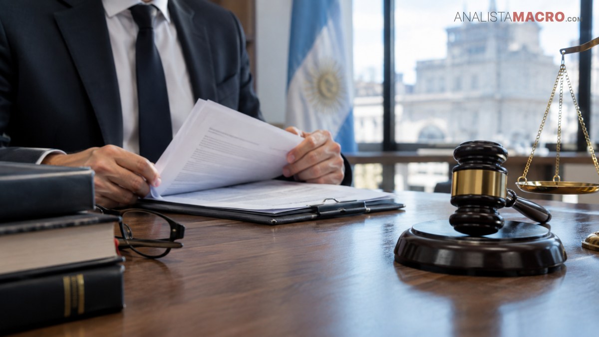 Una persona con traje revisa documentos junto a un mazo judicial, una balanza y libros sobre un escritorio.