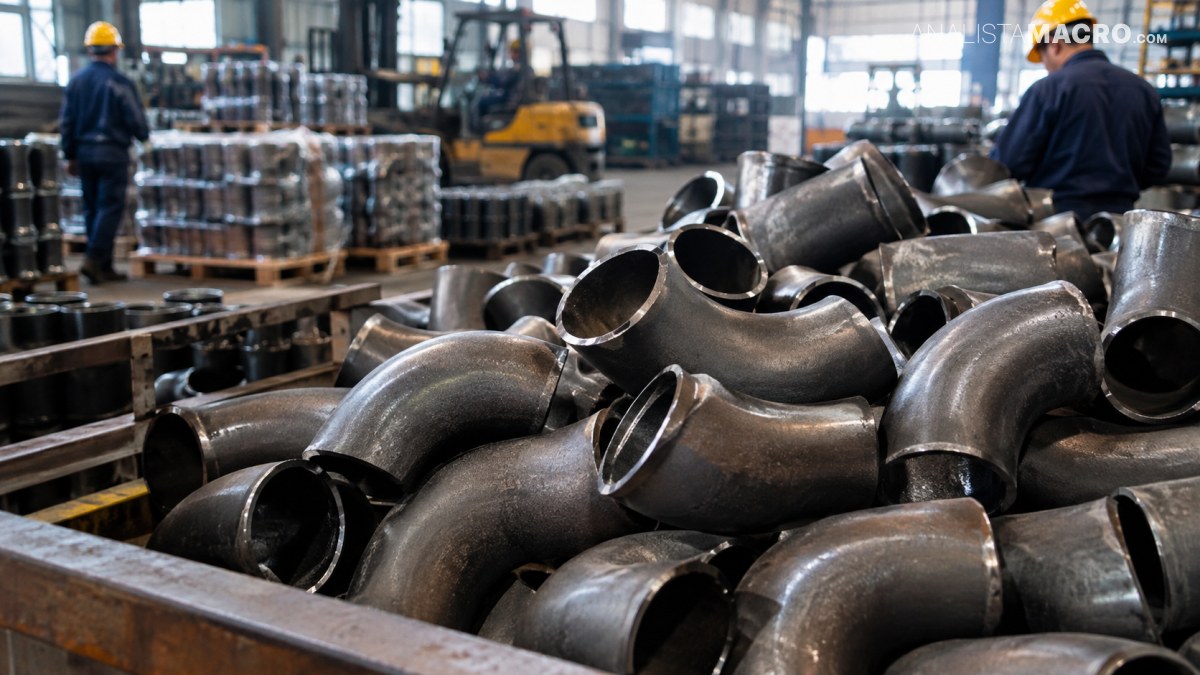 Montón de tubos metálicos curvados en primer plano, con trabajadores y maquinaria visibles dentro de una nave industrial.