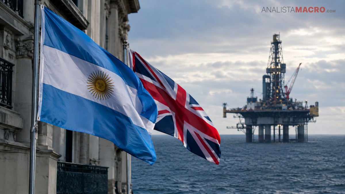 Banderas de Argentina y Reino Unido ondean frente al mar, con una plataforma petrolera visible en el horizonte.