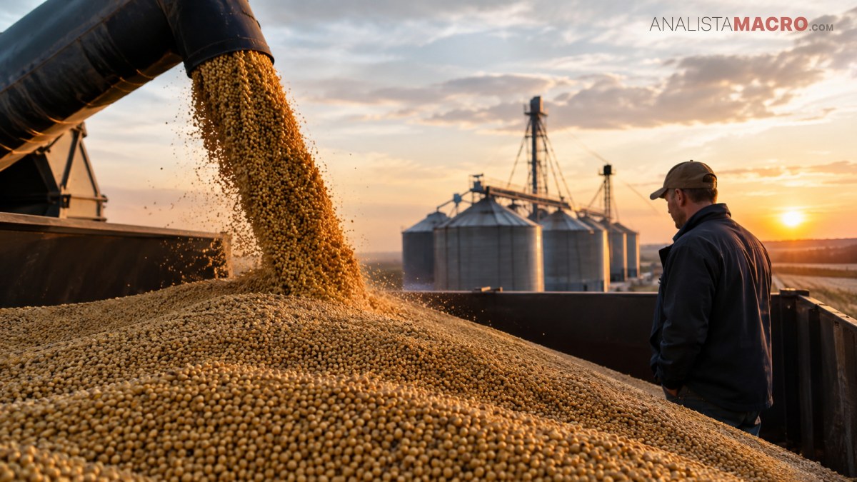 Un hombre con gorra observa un flujo de granos que cae desde una tolva junto a silos al atardecer.