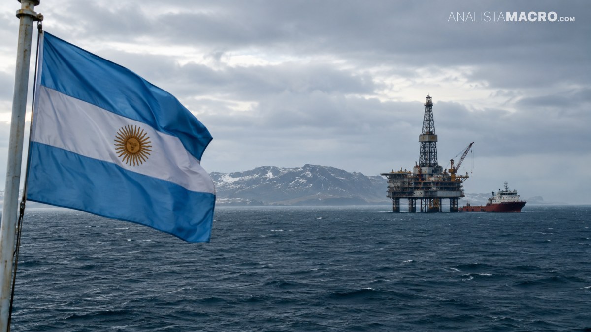 Bandera argentina ondeando frente a una plataforma petrolera marina, con montañas nevadas y un barco bajo un cielo nublado.