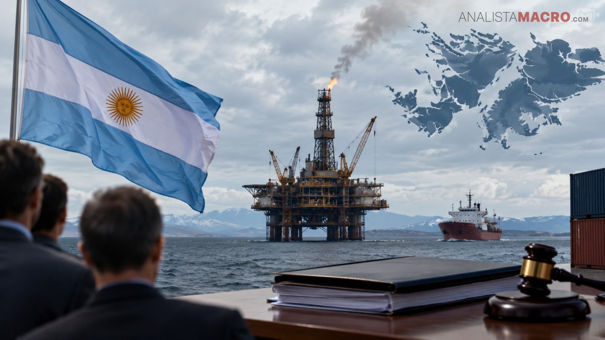 Bandera argentina ondeando frente a una plataforma petrolera marina, un buque, un mapa y un mazo judicial.