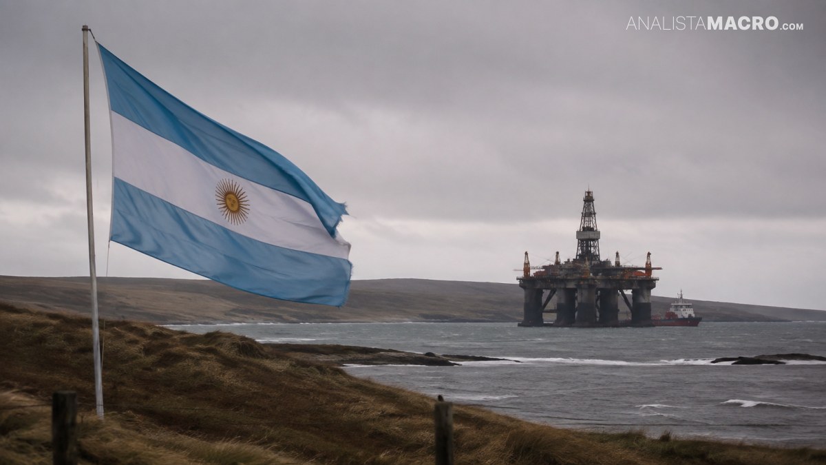 Una bandera celeste y blanca ondea frente a una plataforma petrolera marina, con costa rocosa y cielo nublado.