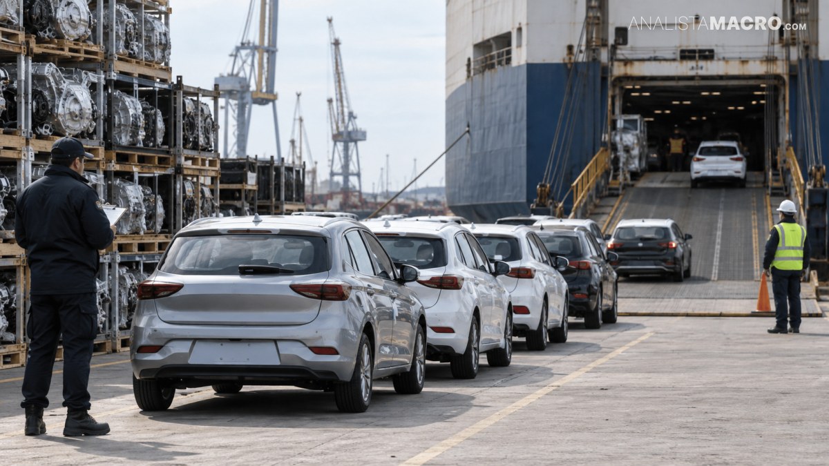 Fila de automóviles junto a estructuras industriales, mientras varios trabajadores supervisan su entrada a un buque.