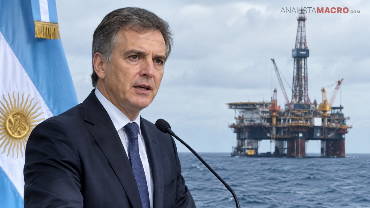 Hombre de traje oscuro habla ante un micrófono, con una bandera argentina y una plataforma petrolera marina al fondo.