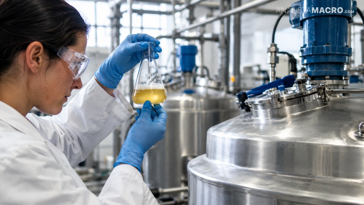 Científica con bata y gafas de protección examina un matraz con líquido amarillo frente a tanques metálicos industriales.