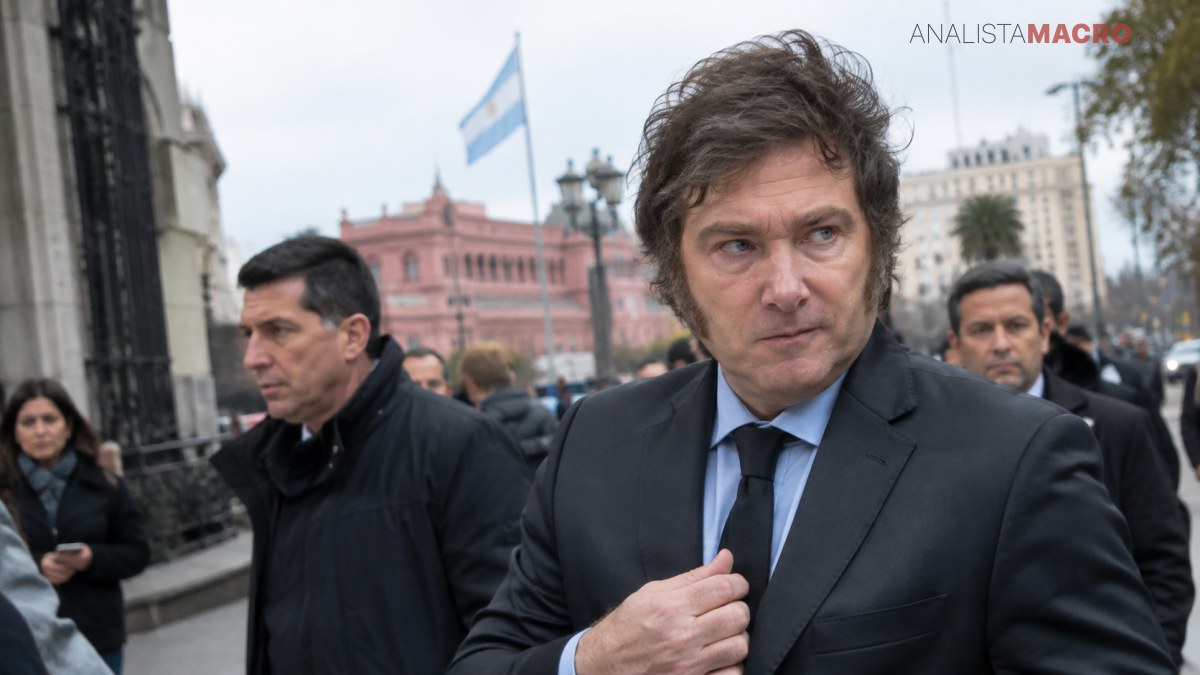 Hombre de cabello oscuro y traje sostiene su solapa mientras camina entre varias personas frente a edificios y una bandera.