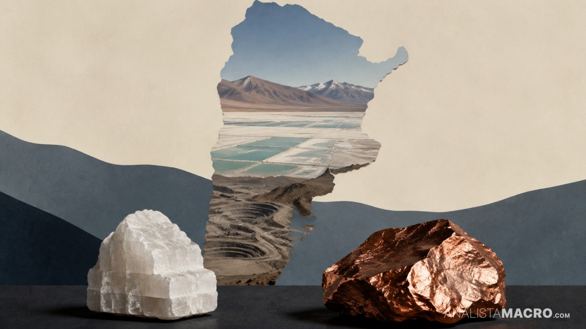 Un recorte de mapa muestra campos y montañas; delante hay un bloque de sal blanco y un cristal marrón.