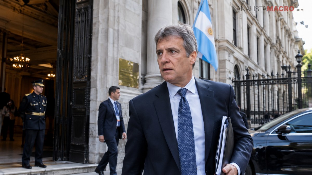 Hombre de traje camina frente a un edificio institucional, llevando documentos, con una bandera argentina y un automóvil negro detrás.