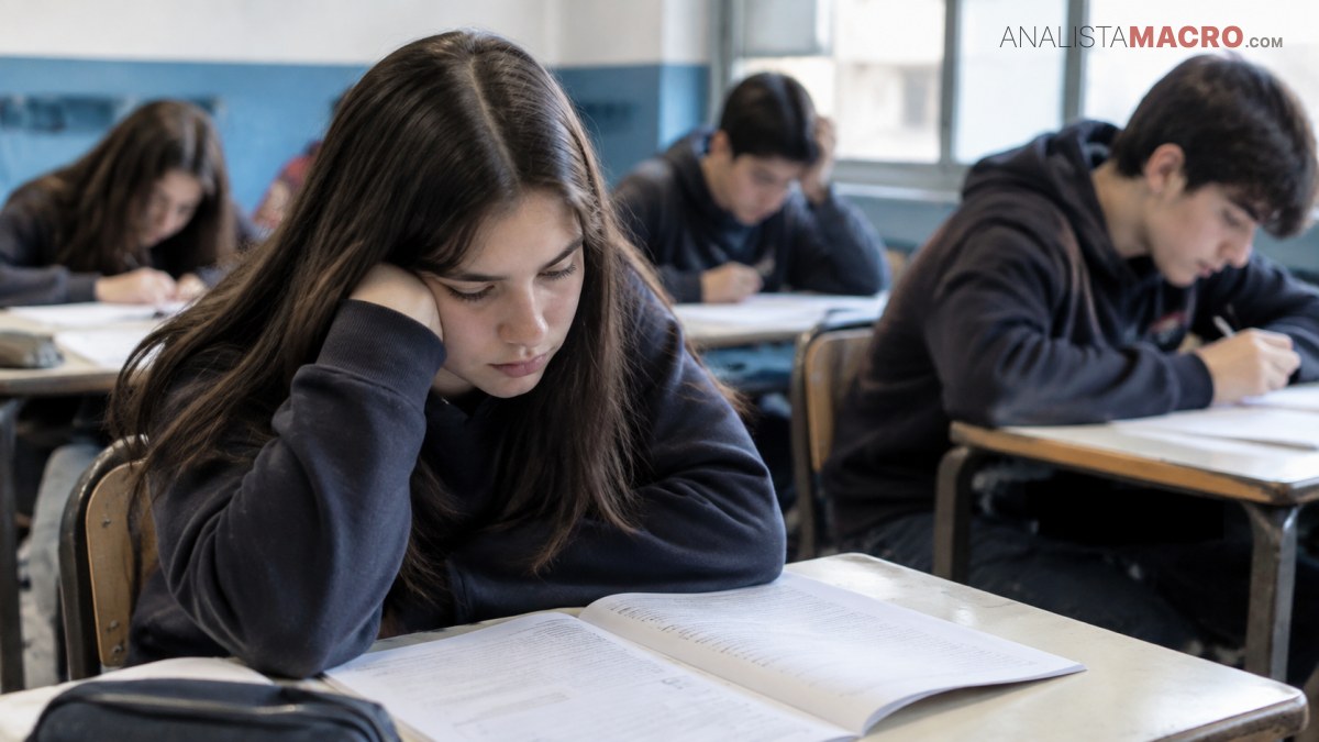 Estudiantes escriben en sus cuadernos dentro de un aula, mientras una joven pensativa apoya la cabeza sobre su mano.