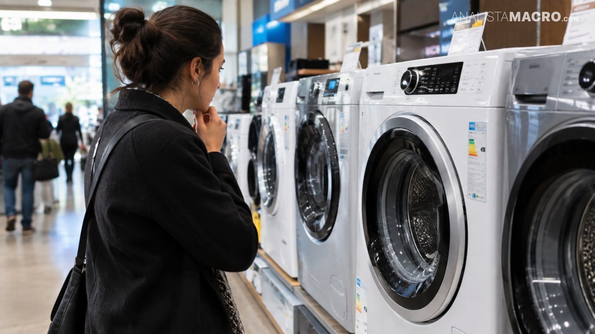 Mujer observa una fila de lavadoras exhibidas en el interior de una tienda.