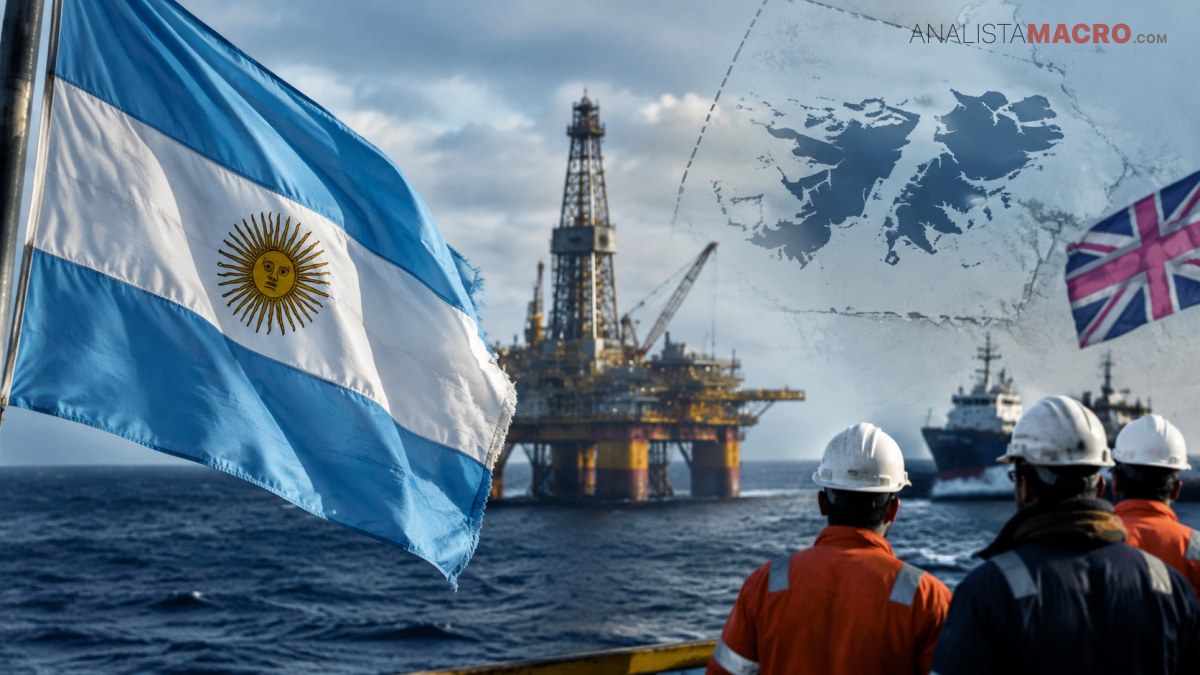 Bandera argentina ondeando frente a una plataforma petrolera marina, barcos, un mapa y tres trabajadores con cascos.