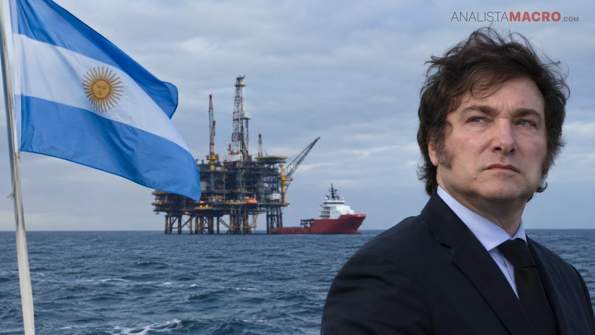 Hombre de traje frente al mar, con una bandera argentina, una plataforma petrolera y un barco al fondo.