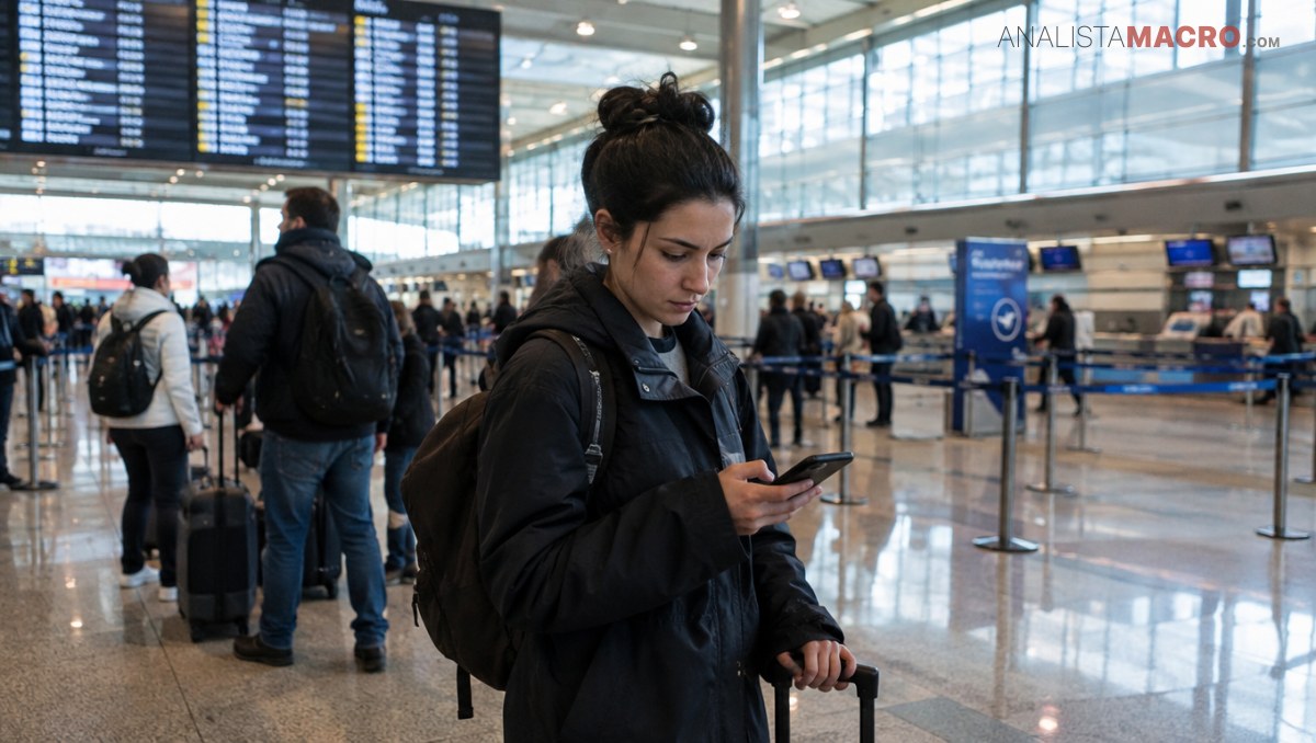 Una mujer consulta su teléfono mientras sostiene una maleta en un aeropuerto concurrido, con pasajeros y mostradores al fondo.