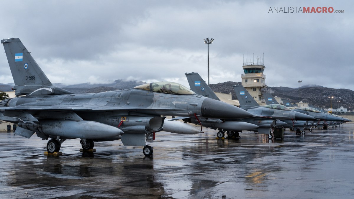 Varios aviones de combate permanecen alineados sobre una pista mojada bajo un cielo nublado y montañas al fondo.