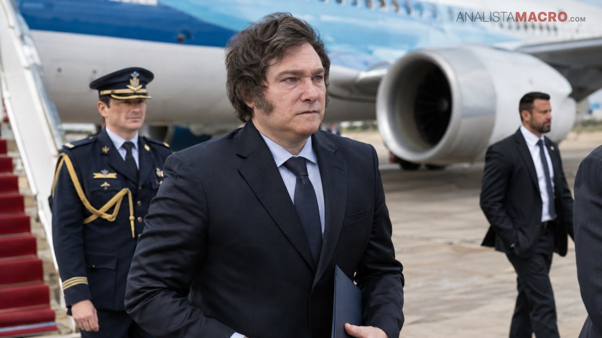 Hombre de traje oscuro camina frente a un avión, acompañado por un militar uniformado y otro hombre vestido formalmente.