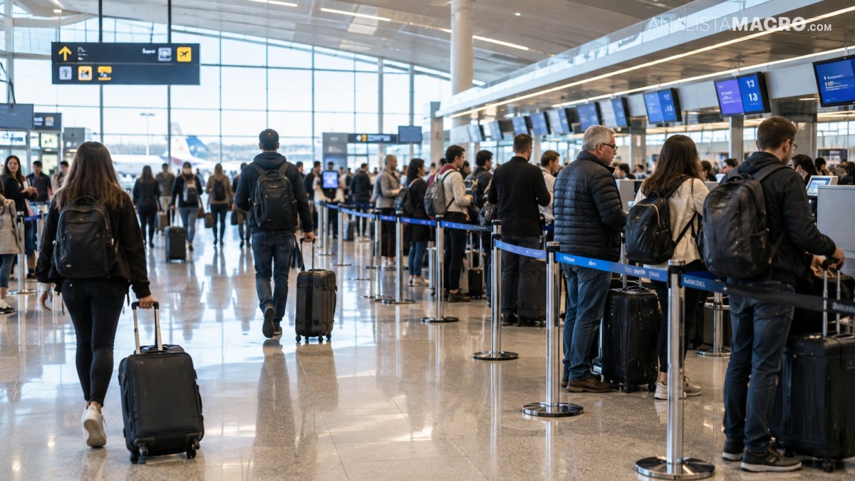 Personas hacen fila con equipaje frente a mostradores de facturación en un aeropuerto amplio y luminoso.