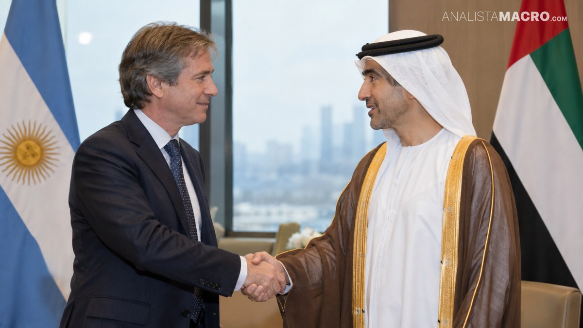 Dos hombres con traje y vestimenta tradicional árabe se estrechan la mano frente a las banderas de Argentina y Emiratos Árabes Unidos.