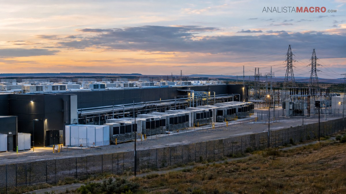 Complejo industrial con grandes instalaciones, torres eléctricas y cercas metálicas bajo un cielo nublado al atardecer.