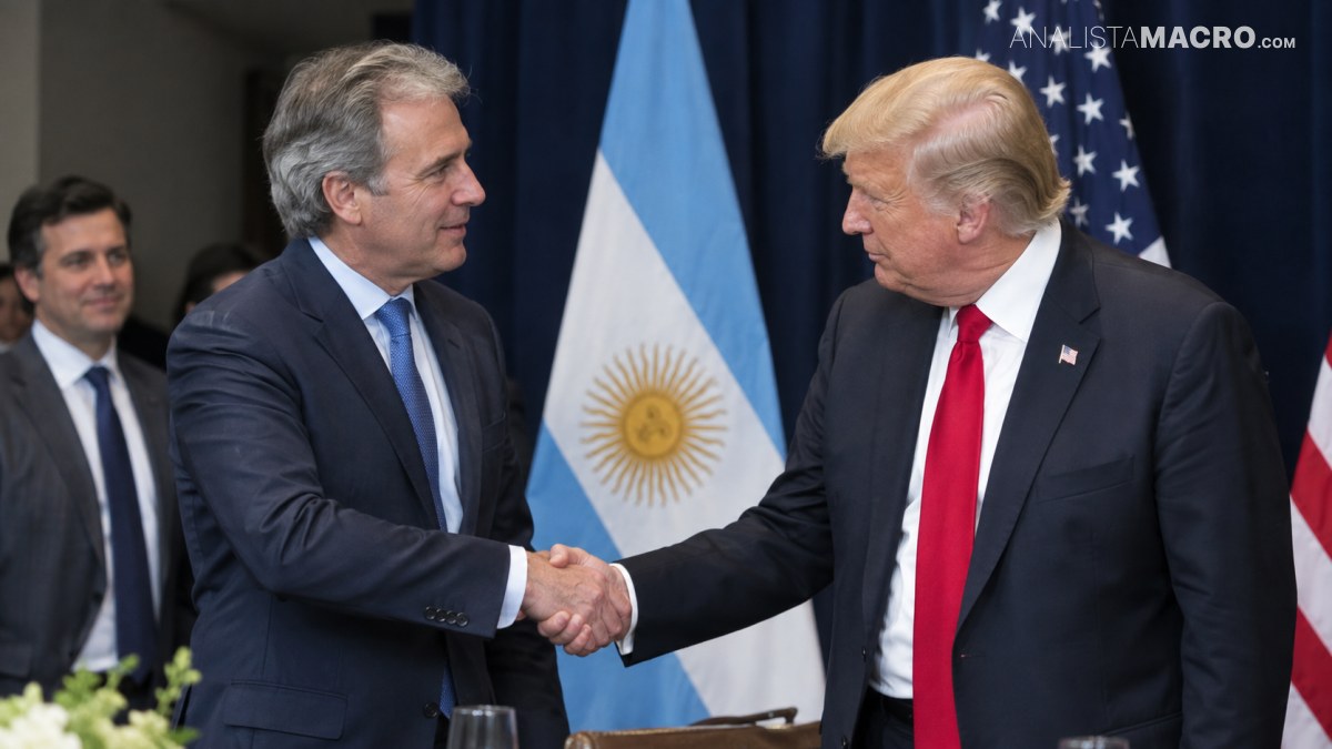 Dos hombres trajeados se estrechan la mano frente a banderas de Argentina y Estados Unidos.