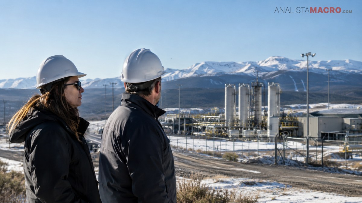 Dos trabajadores con cascos observan una instalación industrial nevada, rodeada de montañas y vallas metálicas.