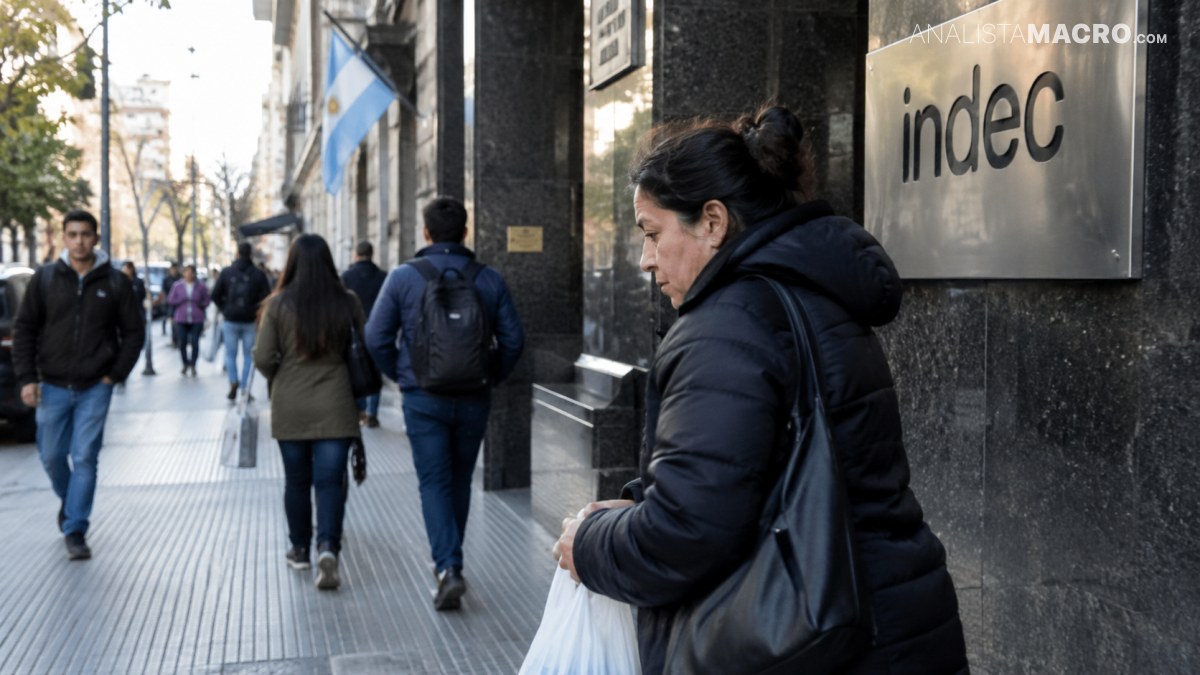 Mujer con abrigo negro sostiene una bolsa frente a un edificio, mientras varias personas caminan por la acera.