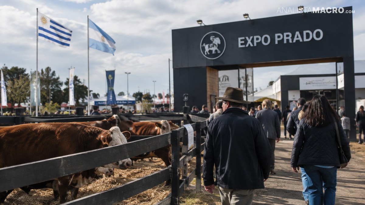 Personas caminan junto a corrales con ganado vacuno frente a una entrada que dice “EXPO PRADO”, con banderas ondeando.